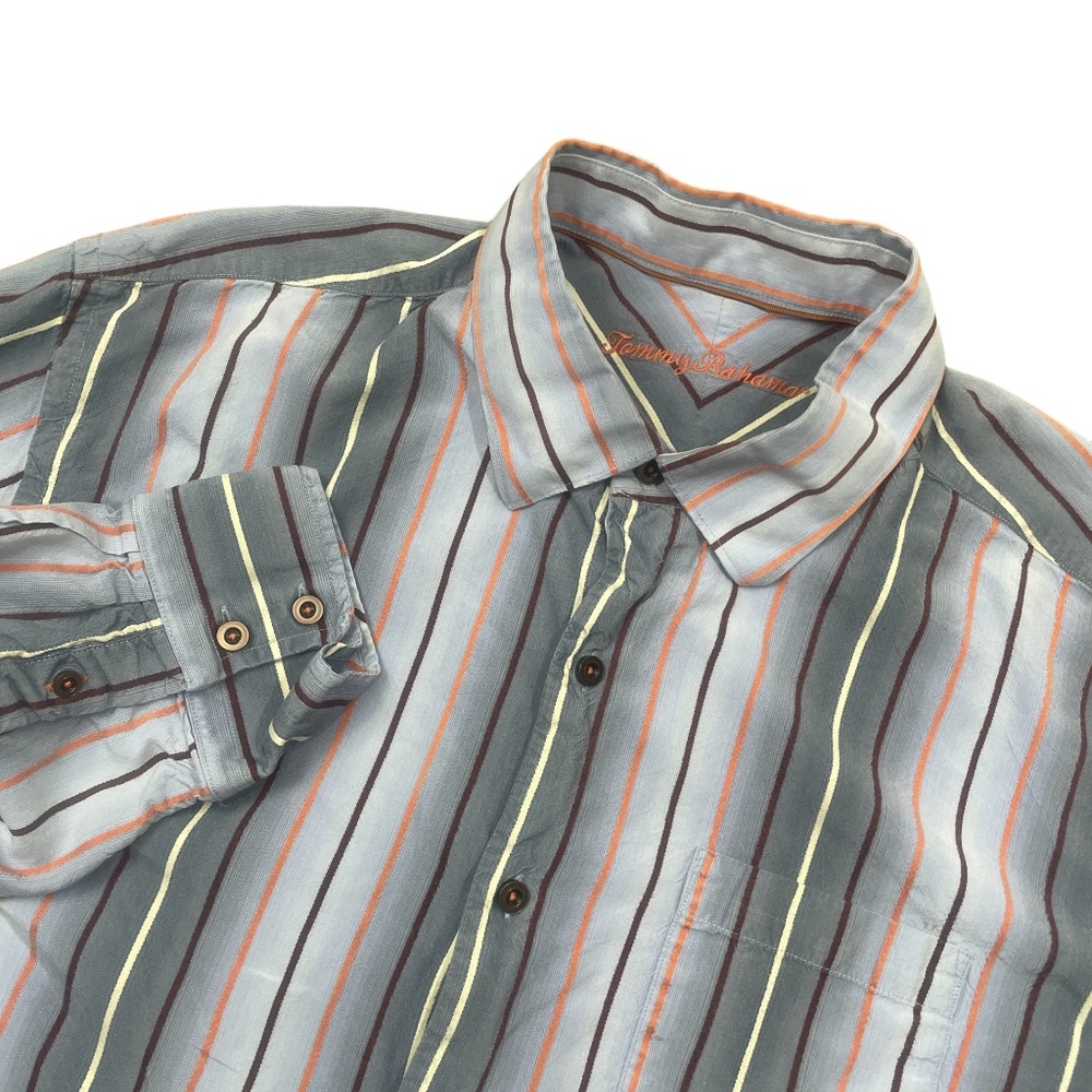 Tommy Bahama XL Button Down Pockets Gray Blue Stripe 100% Silk Long Sleeve